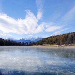 Scenic view of lake against sky during winter