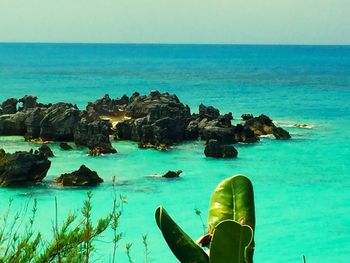 Scenic view of sea against blue sky