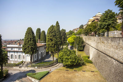 Footpath amidst trees and buildings against sky