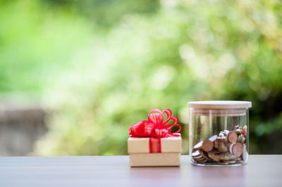 Close-up of flower in box on table