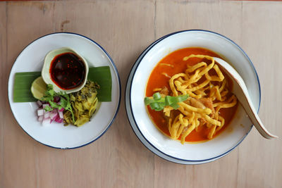 High angle view of meal served on table