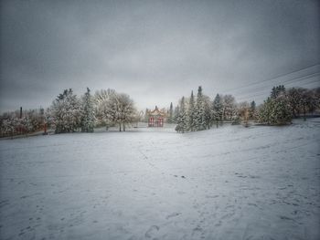 Scenic view of snow covered trees by building against sky