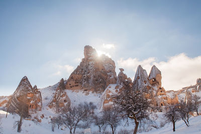 Low angle view of snowcapped mountain against sky