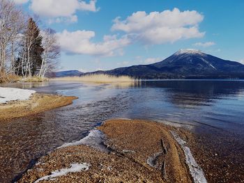 Scenic view of lake against sky during winter