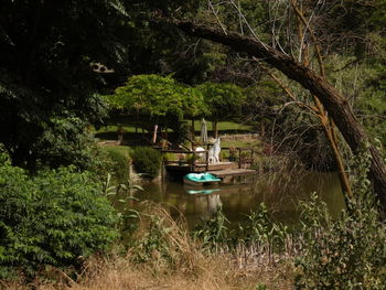 High angle view of pedal boat on lake amidst trees