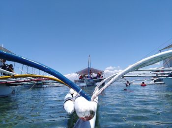 Birds in sea against clear blue sky