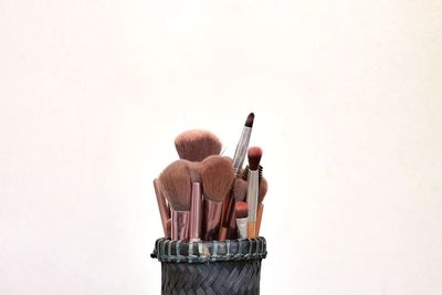 Rear view of paintbrushes in container against white background