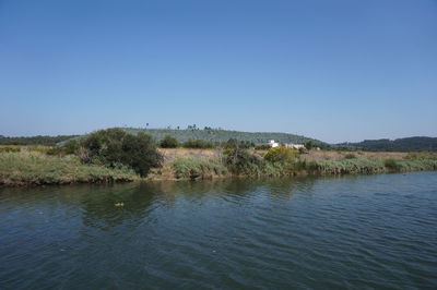 Scenic view of calm lake against clear blue sky