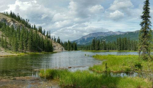 Scenic view of lake against cloudy sky