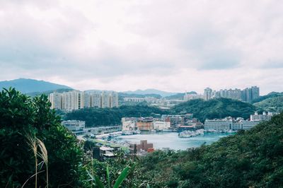 High angle view of buildings against sky