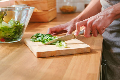 Cropped hand of person preparing food on table