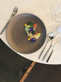 High angle view of breakfast served on table