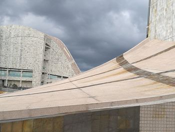 Low angle view of modern building against cloudy sky