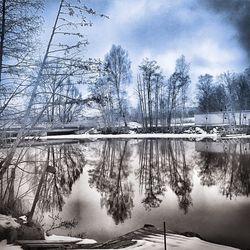 Reflection of trees in lake against sky