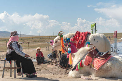 Panoramic view of people sitting on land