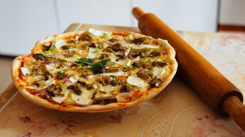 Close-up of pizza on table