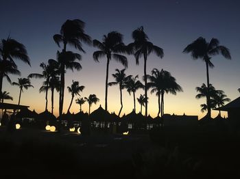 Silhouette palm trees on beach against sky at night