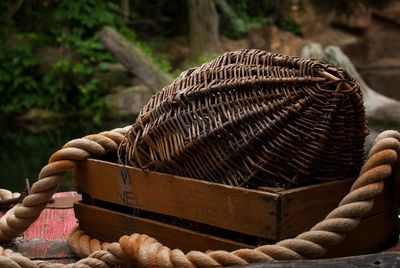 Close-up of hand holding wicker basket