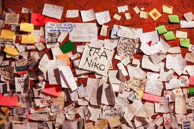 Full frame shot of colorful papers on bulletin board