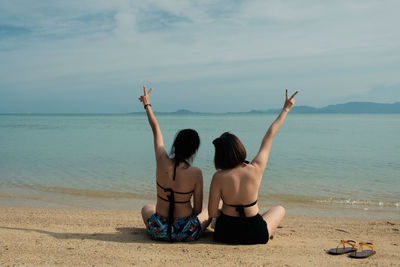 Rear view of friends sitting on beach against sky