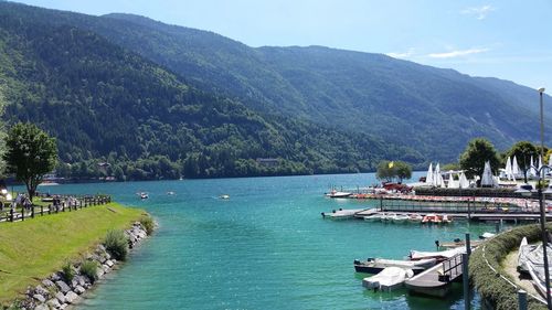 Scenic view of bay against sky