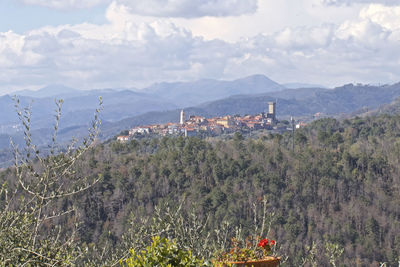 Scenic view of residential district against sky