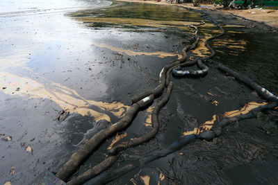 High angle view of wet sand on beach