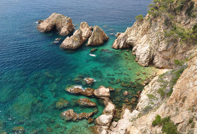 High angle view of rocks in sea