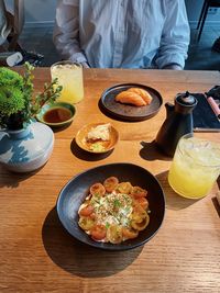 High angle view of food served on table