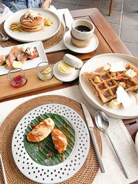 High angle view of breakfast served on table