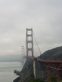 View of suspension bridge against cloudy sky