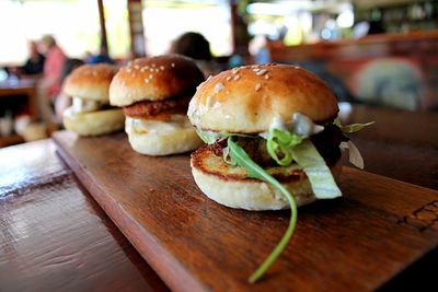 Close-up of burger on cutting board