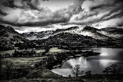 Scenic view of lake and mountains against sky