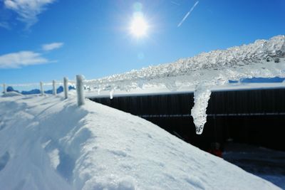 Close-up of frozen water against clear sky