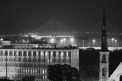 Illuminated buildings against sky at night