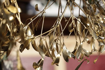Close-up of christmas decorations hanging on metal