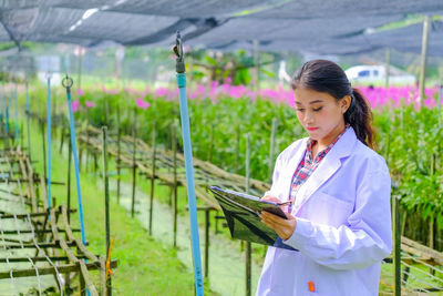 Botanist checking plants standing in greenhouse