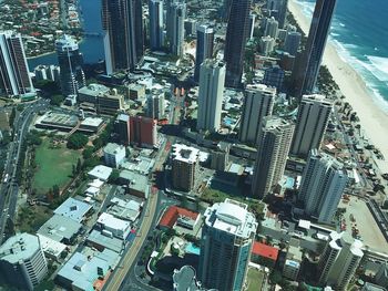 High angle view of modern buildings in city