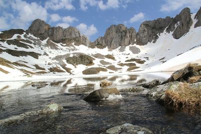 Scenic view of lake and mountains against sky