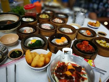 High angle view of meal served on table