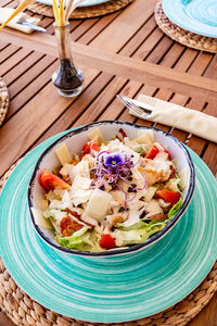 High angle view of food in plate on table
