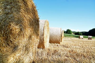 Close-up of hay bales on field against clear sky