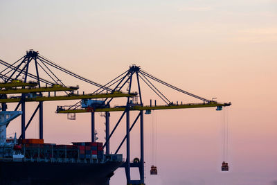 Cranes at commercial dock against sky during sunset