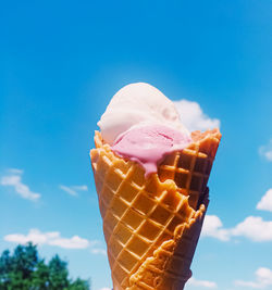 Close-up of ice cream cone against blue sky