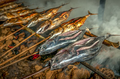 High angle view of fish for sale at market