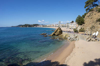 Scenic view of sea against clear blue sky