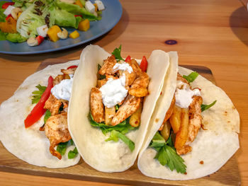 High angle view of food served on table