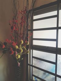 Close-up of flowers against window at home