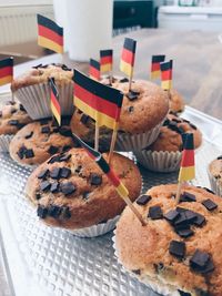 High angle view of cupcakes on table