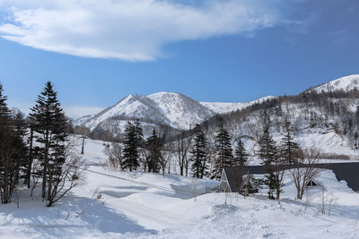 Scenic view of snow covered mountains against sky